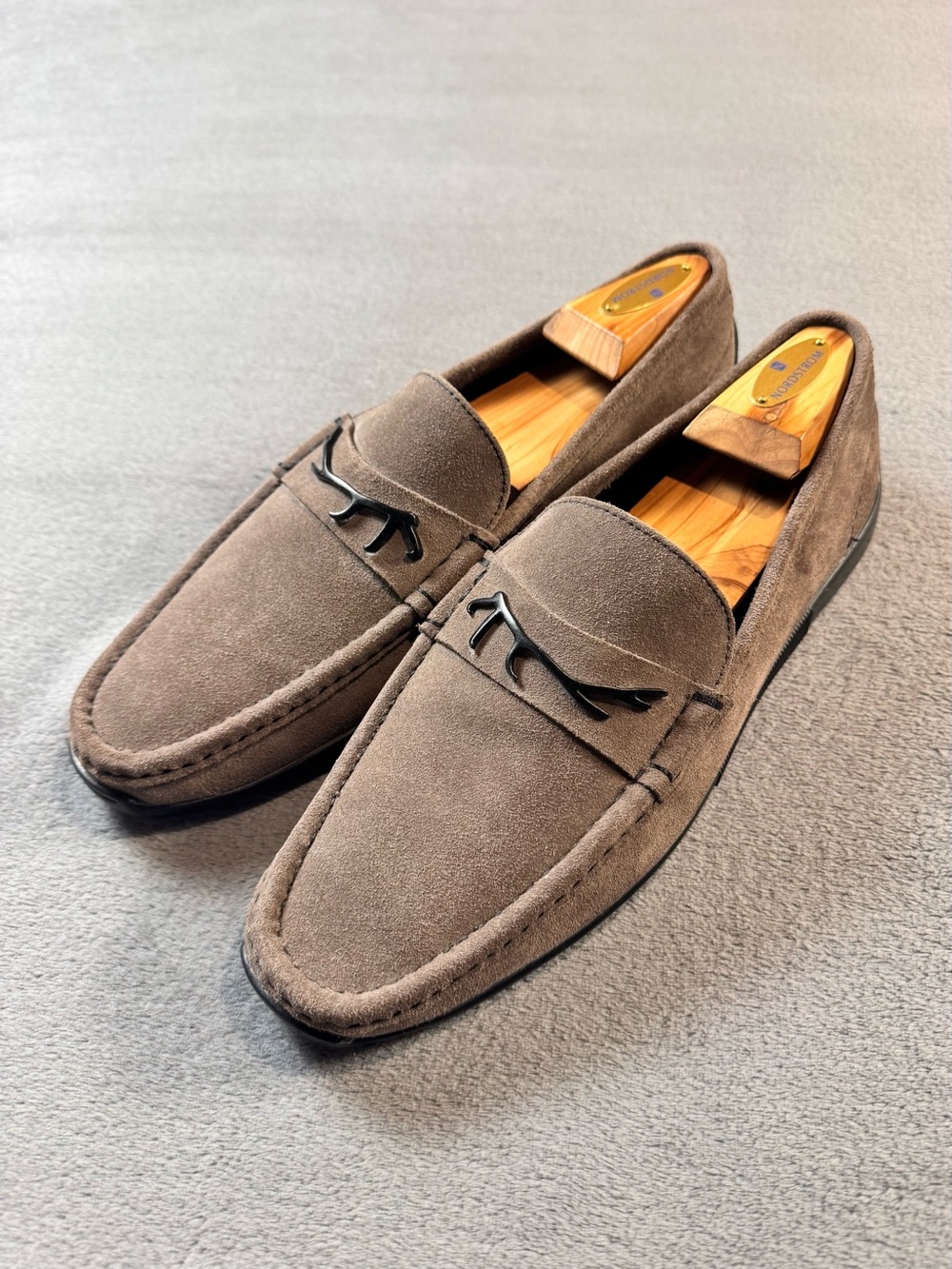 Martin Dingman Taupe Suede Loafers with Metal Antler Bit